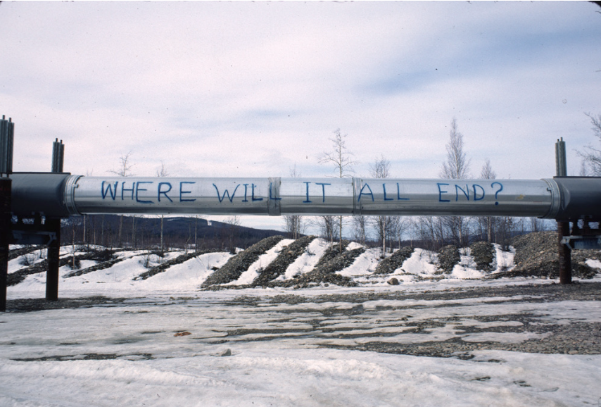 Figure 2: Graffiti on the recently-completed pipeline north of Fairbanks, 1977-1978. Source: Richard Seifert.