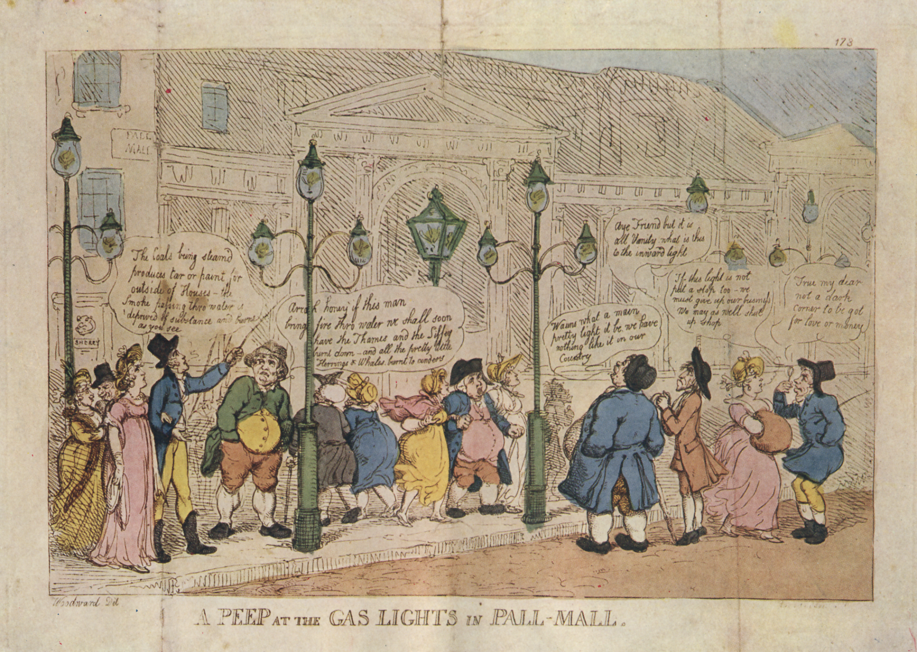 Fig. 2: George M. Woodward, “A Peep at the Gas Lights in Pall Mall”, 1808. Retrieved February 10, 2019, from https://commons.wikimedia.org/wiki/File:A_Peep_at_the_Gas_Lights_in_Pall_Mall.png, Public Domain US expired.