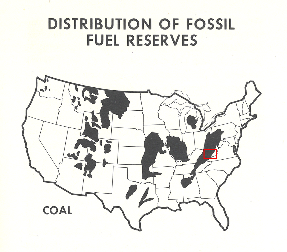 Figure 3: Distribution of Fossil Fuel Reserves: Coal. US Federal Power Commission, National Power Survey: A Report (Washington, DC: Government Printing Office, 1964), 55. The red square in the central Appalachian coalfield, added by author, marks the area in which the gasoline wildcats were concentrated. 