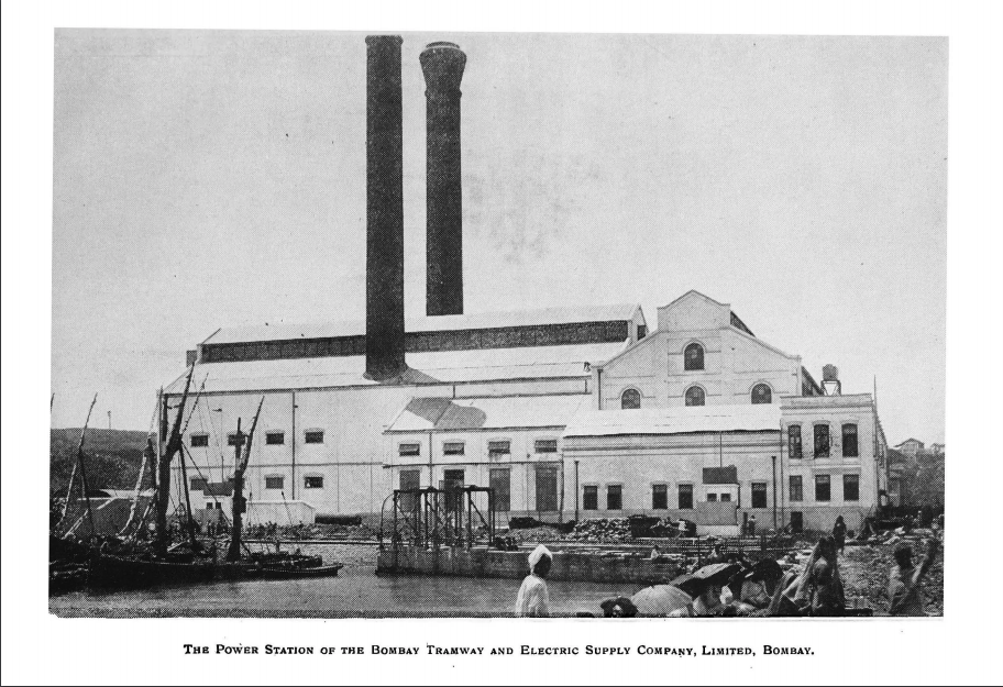 Figure 6: Power Station of Bombay Tramways and Electrical Supply Company, Bombay. S.M. Rutnagur (ed.), Electricity in India. Being a History of the Tata Hydro-Electric Project with Notes on the Mill Industry in Bombay and the Progress of Electric Drive in Indian Factories. Prop. India Textile, Bombay 1912, supplement; Retrieved February 10, 2019, from https://archive.org/details/ElectricityIndia/page/n75 (Public Domain Mark 1.0).
