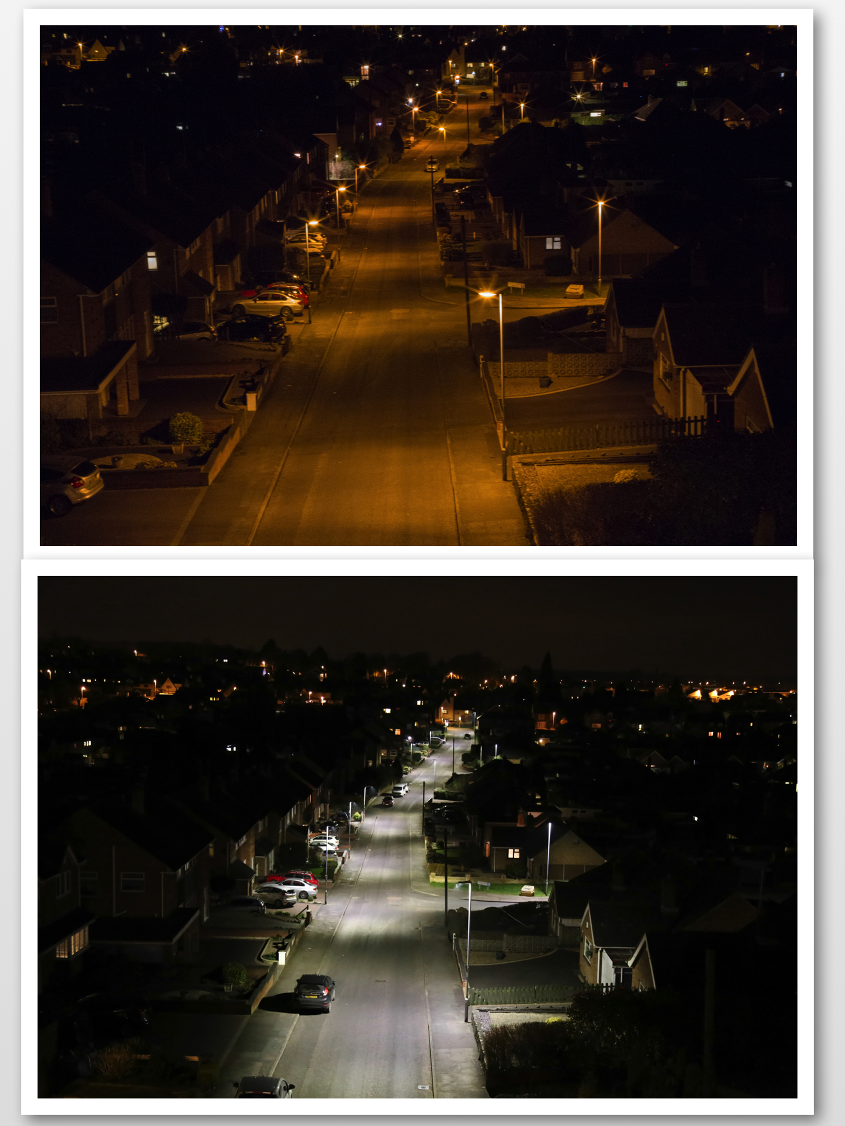Comparison of traditional sodium lighting with LED lighting in typical British suburban street