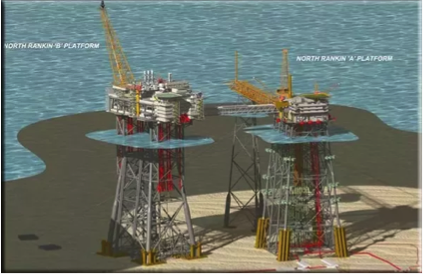 Figure 5: An example of a steel jacket – supporting structure for oil producing facility in the North Sea. Source: Puput Aryanto Risanto, Introduction to Offshore Oil and Gas Surface Facilities (2015). URL: https://www.slideshare.net/PuputAryanto/introduction-to-offshore-oil-and-gas-surface-facilities