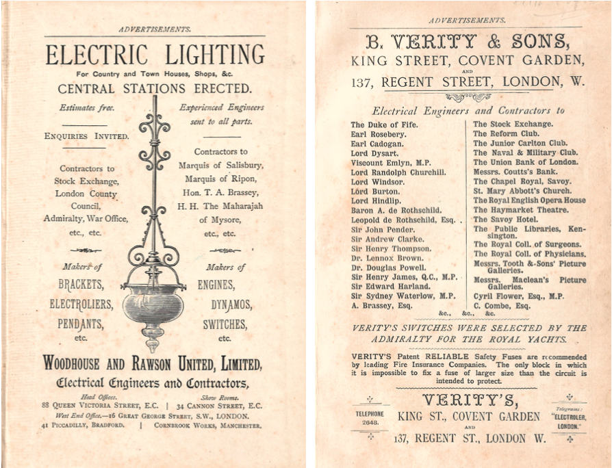 Figure 1: advertising material in the second edition (1892) of Mrs J.E.H. Gordon, Decorative Electricity (London: Samson and Lowe, 1892). (copyright free).