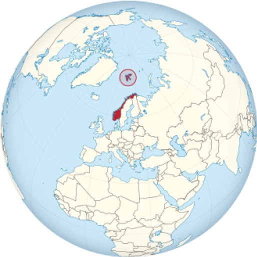 Figure 1. Map showing Norway (in red) and Svalbard (the archipelago colored red within the circle). This view particularly shows the latter’s proximity to the North Pole. Source: Wikipedia, “Svalbard.”