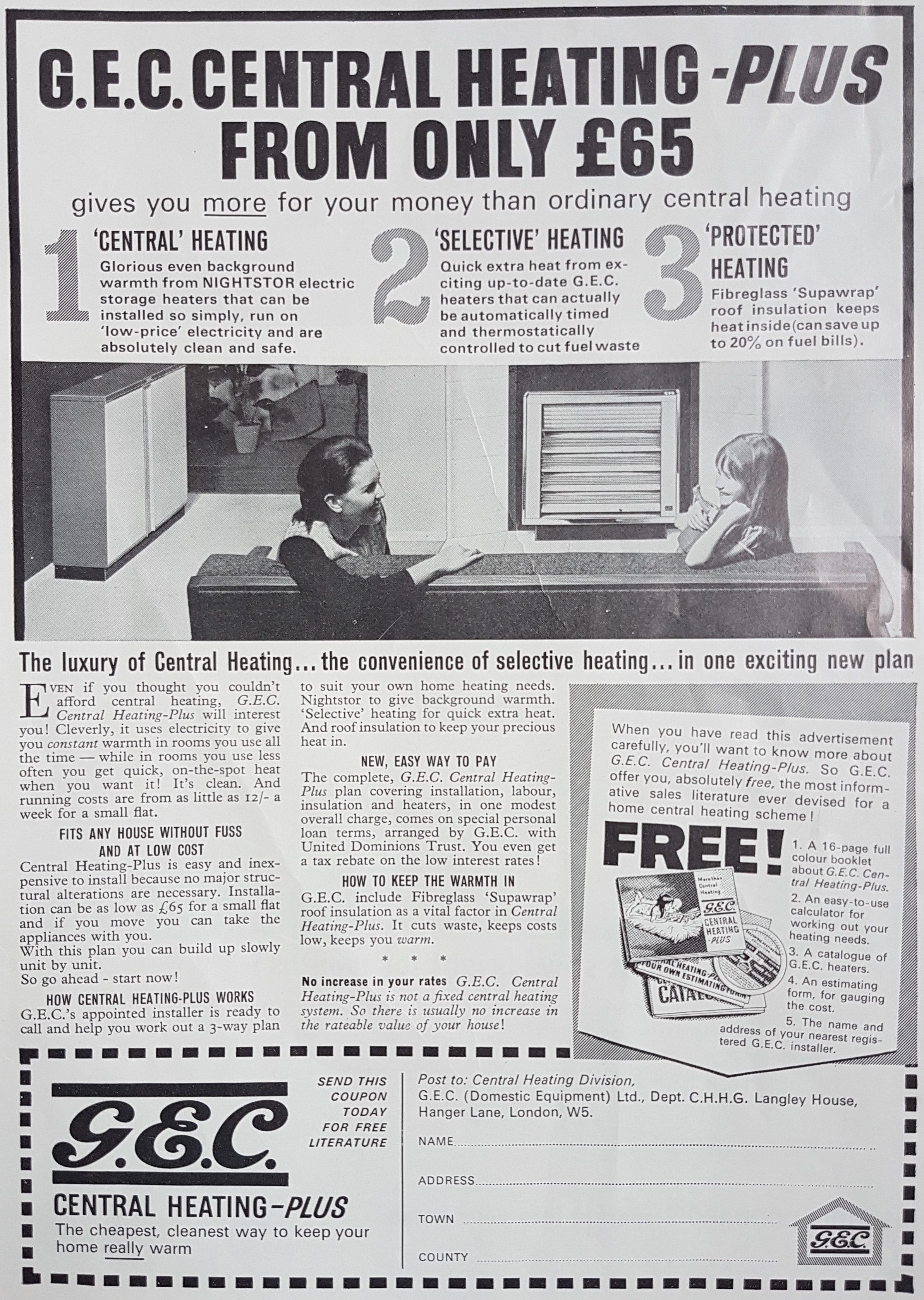 Figure 2: Advert for GEC ‘Nightstor’ Central Heating, October 1964. Note the ‘protected’ heating option (GEC, 1964).