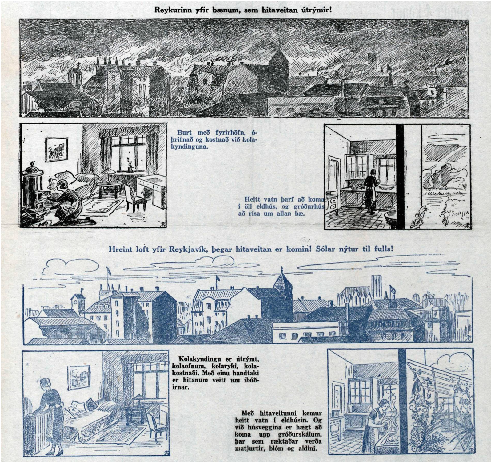 Figure 2: Captions from top to bottom: a) The cloud of smoke above town, which will be banished by the heating utility! b) Avoid the labour, filth and cost of coal heating. c) Hot water shall be brought into every kitchen, and greenhouses will rise around town. d) Clean air above Reykjavík, once the heating utility is here! The sunshine will be enjoyable to the utmost! e) Coal heating will be eradicated and so will the coal ovens, coal dust and coal cost. With the stroke of a hand, the heat will be spread around the homes. f) With the heating utility, hot water will come into the kitchens. And by the walls of the houses, greenhouses can be raised to cultivate vegetables, flowers and fruits. Source: Icelandic National Library, “Kjósið hitaveituna í dag”, Morgunblaðið, 30/01/1938, 1. Url: http://timarit.is/view_page_init.jsp?pageId=1235245 (accessed 06/07/2021).