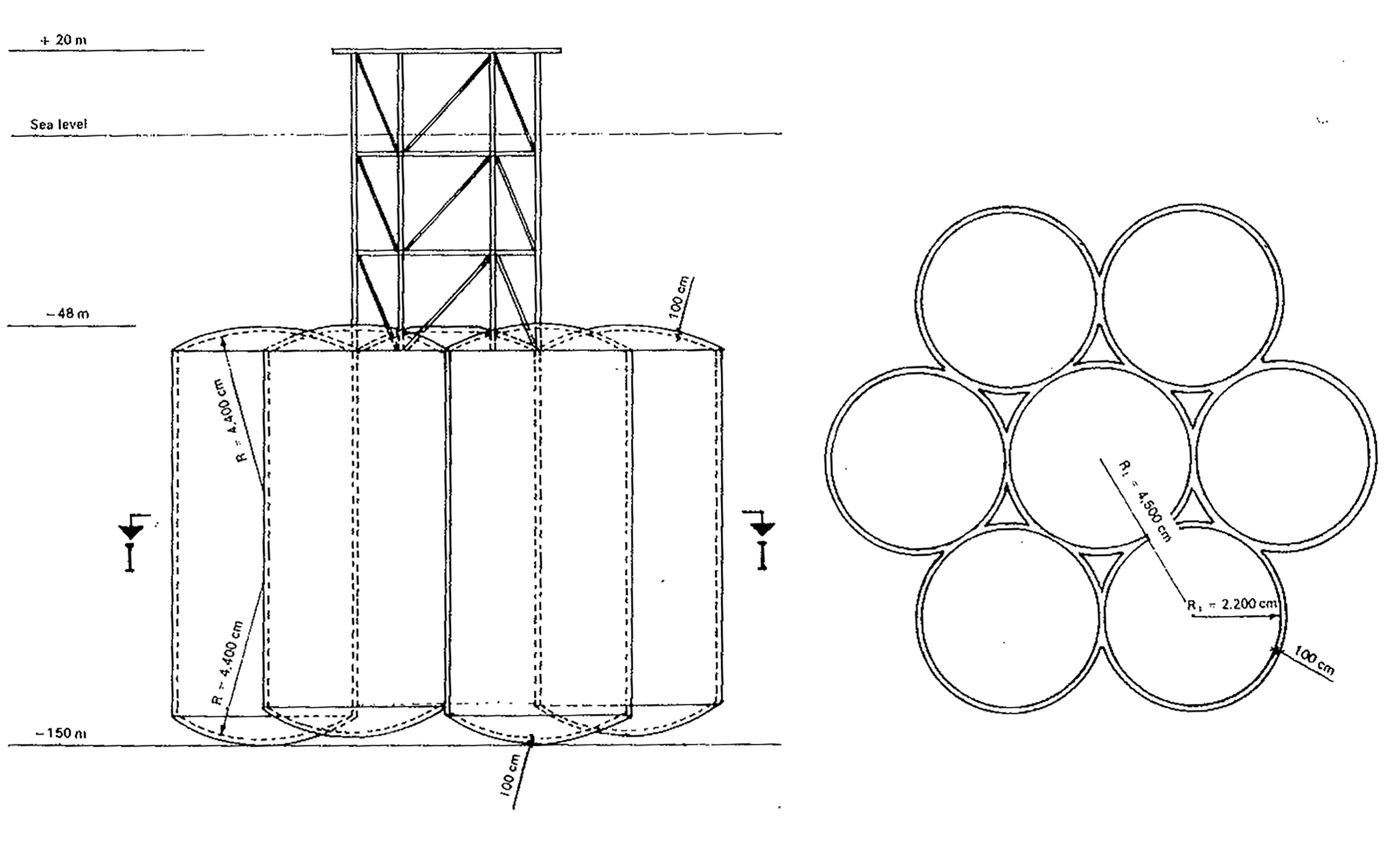 Figure 2: Høyer-Ellefsen’s first suggestion for a concrete platform structure (1970) – an early Condeep experiment. Source: Øyvind Steen, På dypt vann. Norwegian Contractors 1973 – 1993 (Oslo : Norwegian Contractors, 1993), 7.